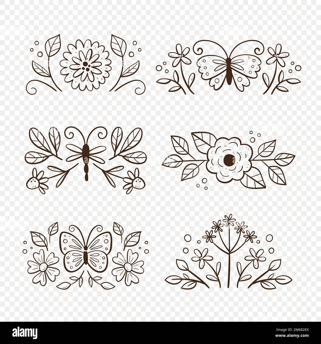 Primavera decorativo doodle disposizioni. Collezione di graziosi divisori isolati su sfondo bianco. Decorazione floreale stagionale. Illustrazione vettoriale. Illustrazione Vettoriale