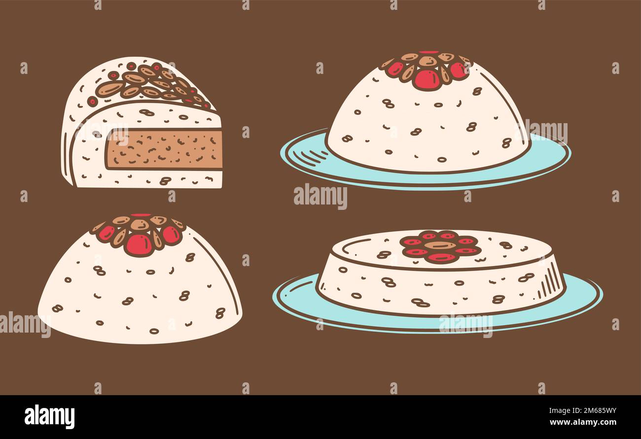 Otto Rice Treasure, illustrazione vettoriale di Pudding di riso cinese. Dolce cinese di Capodanno BA bao fan in stile doodle. Illustrazione Vettoriale
