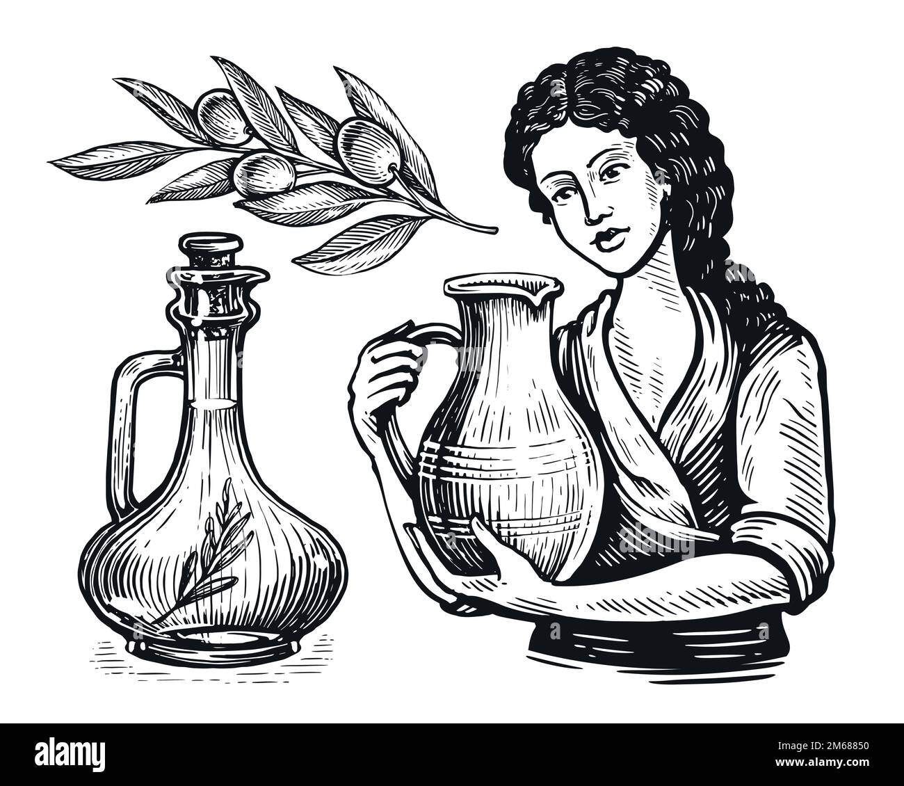 Concetto di olio d'oliva. Sano biologico naturale fattoria cibo. Illustrazione vettoriale disegnata a mano in stile di incisione vintage Illustrazione Vettoriale