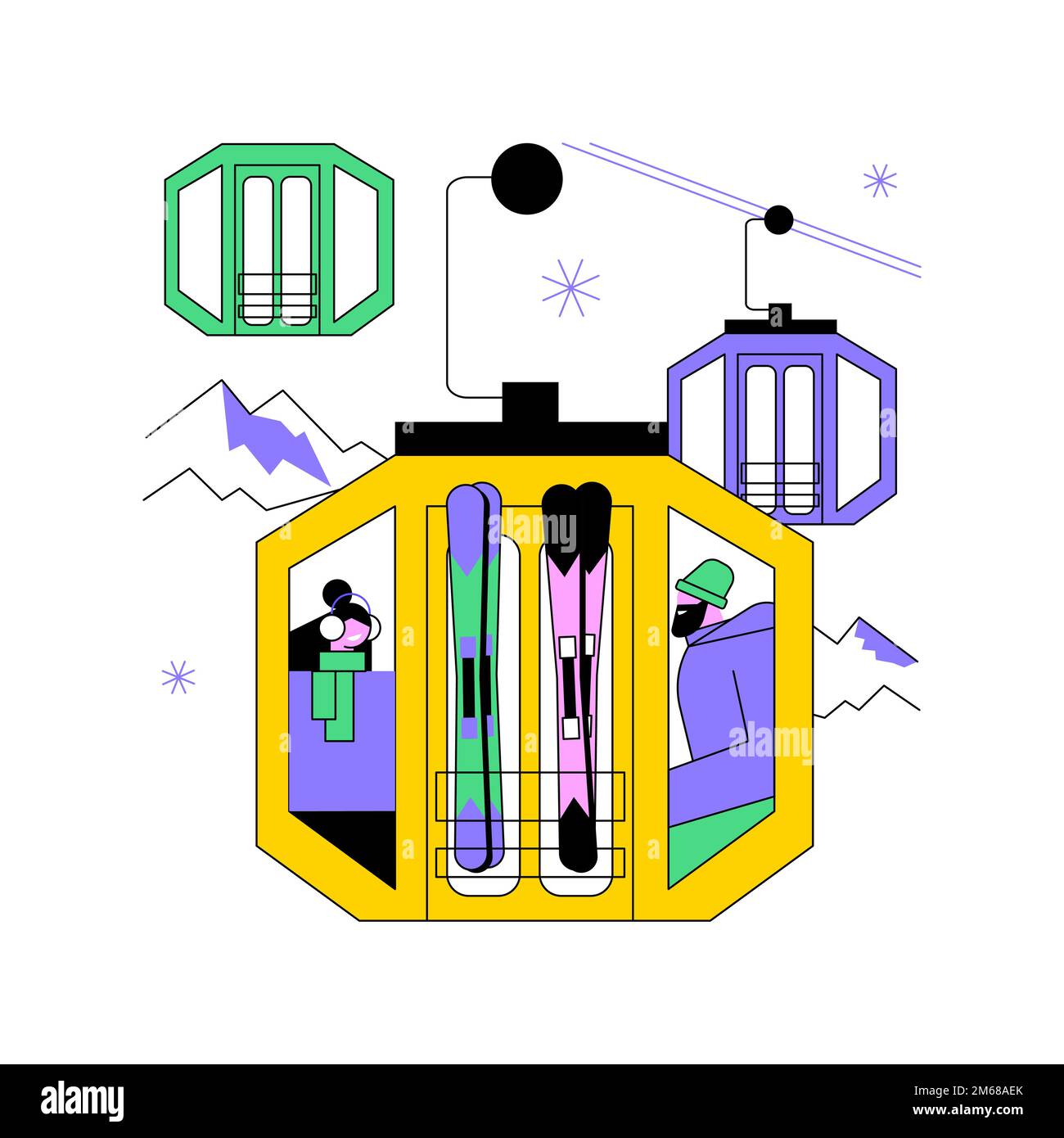 Illustrazione vettoriale del concetto astratto di trasporto del cavo. Funivie, modalità di trasporto, autobus elettrico ev, vecchia funicolare, filobus, trasporto di turisti, Illustrazione Vettoriale