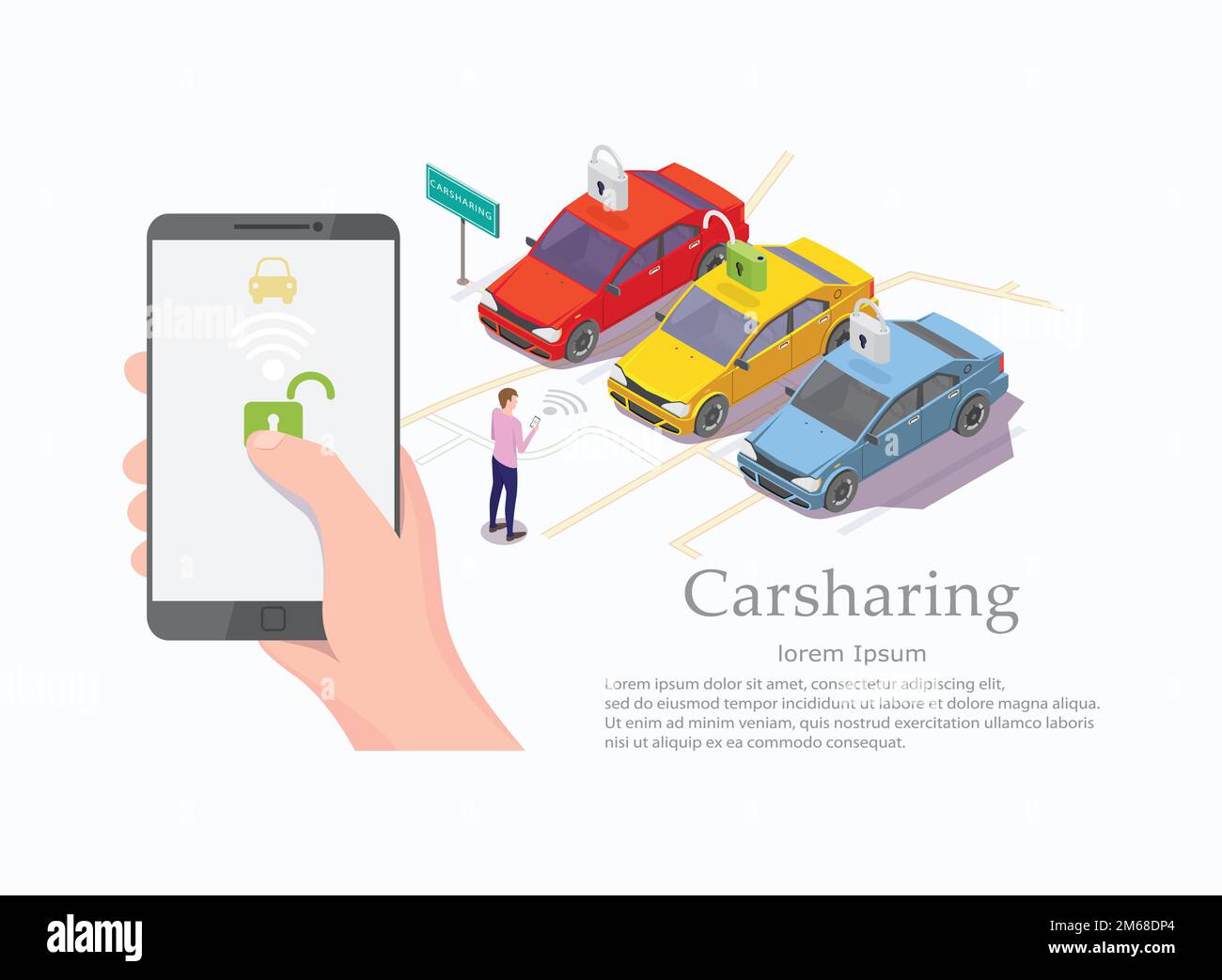 Modello di banner Web vettoriale per il servizio di car sharing Illustrazione Vettoriale