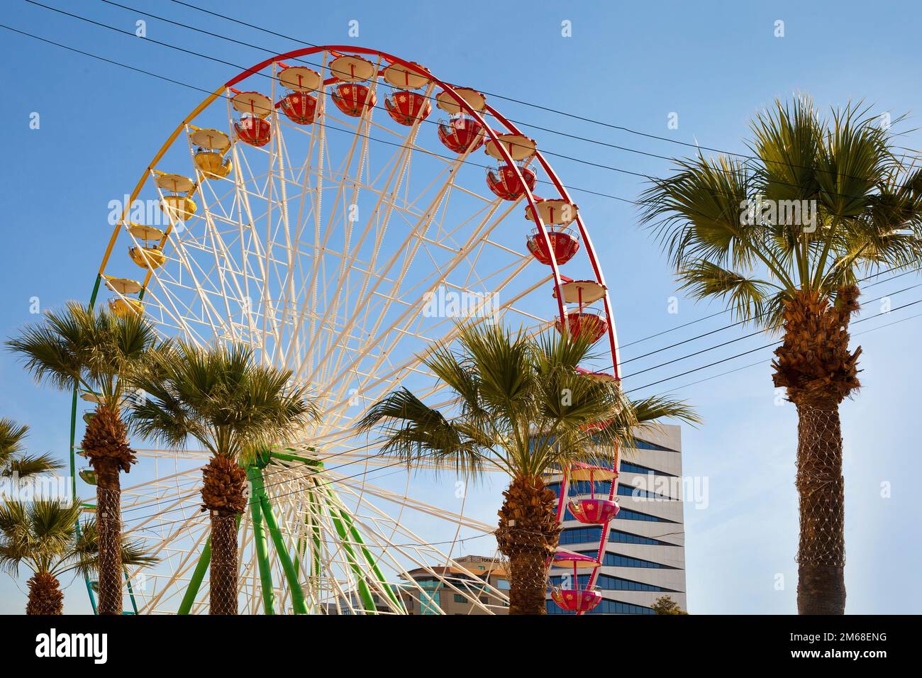 La fiera di Natale di Nicosia, grande ruota panoramica con palme Foto Stock