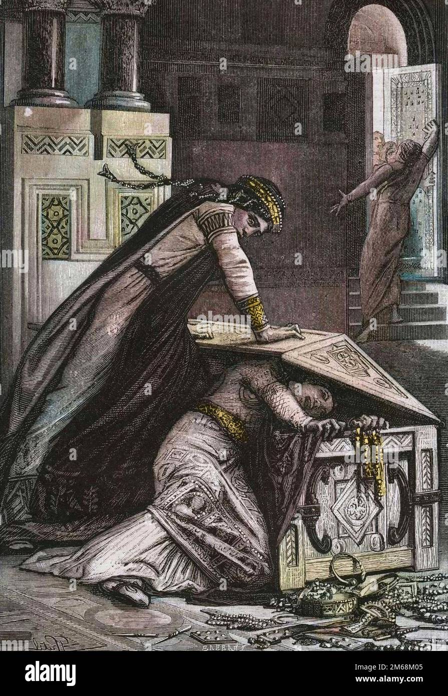 Fredegonde - Reine de Neustrie (545-597) tentant d'etrangler sa fille Rigonde (ou Rigonthe) en 589, composition de P. Fritelet, extraite de Vieilles histoires de la patrie, de Henriette Guizot de Witt (1829-1908), 1887 Foto Stock