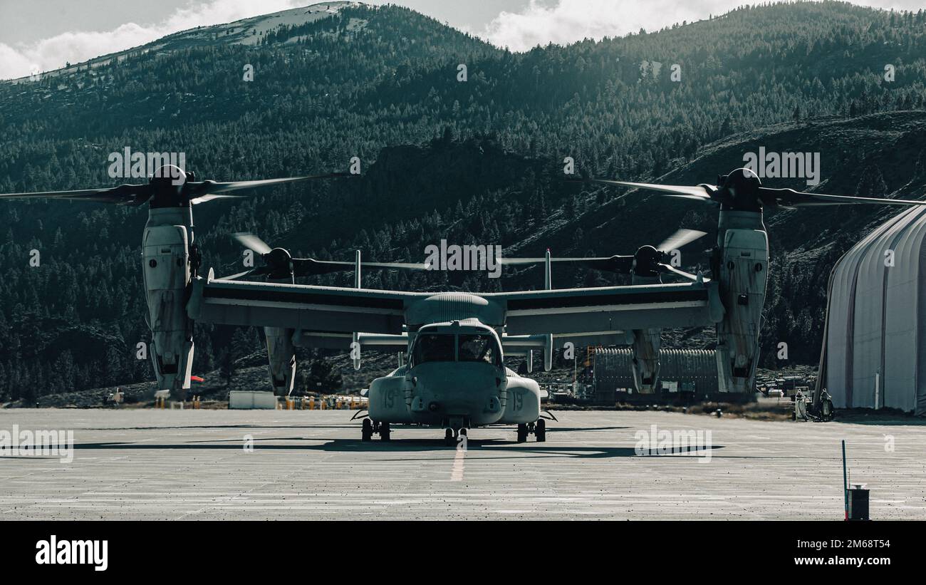 STATI UNITI Marine Corps MV-22B Osprey Aircraft with Marine Medium Tiltrotor Squadron (VMM) 162, Marine Aircraft Group 26, 2nd Marine Aircraft Wing si preparano a decollare dall'Expeditionary Airfield, Marine Corps Mountain Warfare Training Center, Bridgeport, California, 19 aprile 2022. Gli Ospreys volarono Marines e soldati a Hawthorne Army Depot, Nevada, per condurre un'esercitazione di raid notturno ad alta quota in una struttura urbana. Foto Stock