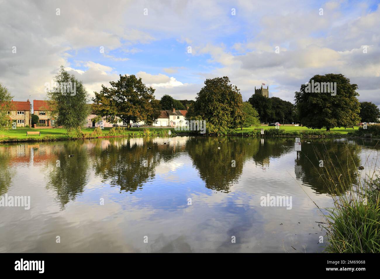 Vista sul laghetto delle anatre del villaggio di Great Massingham, North Norfolk, Inghilterra, Regno Unito Foto Stock