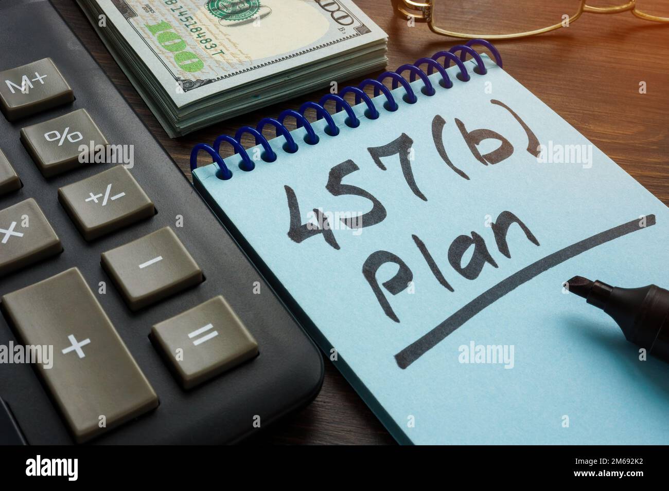 Iscrizione del piano 457b e della calcolatrice come concetto di piano di pensionamento. Foto Stock