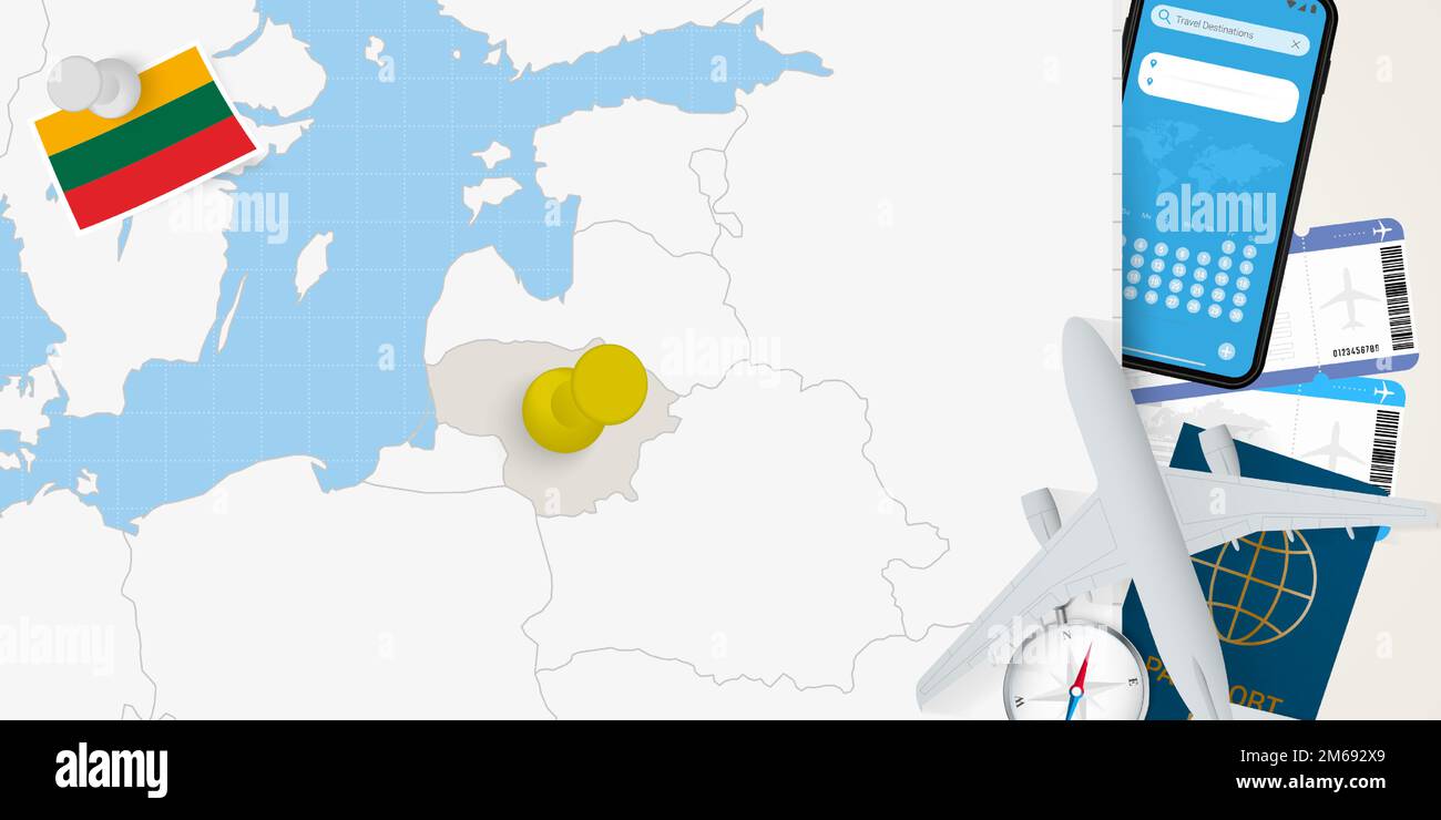 Concetto di viaggio in Lituania, mappa con pin sulla mappa della Lituania. Mappa di preparazione delle vacanze, bandiera, passaporto e biglietti. Illustrazione vettoriale in disegno piano Illustrazione Vettoriale