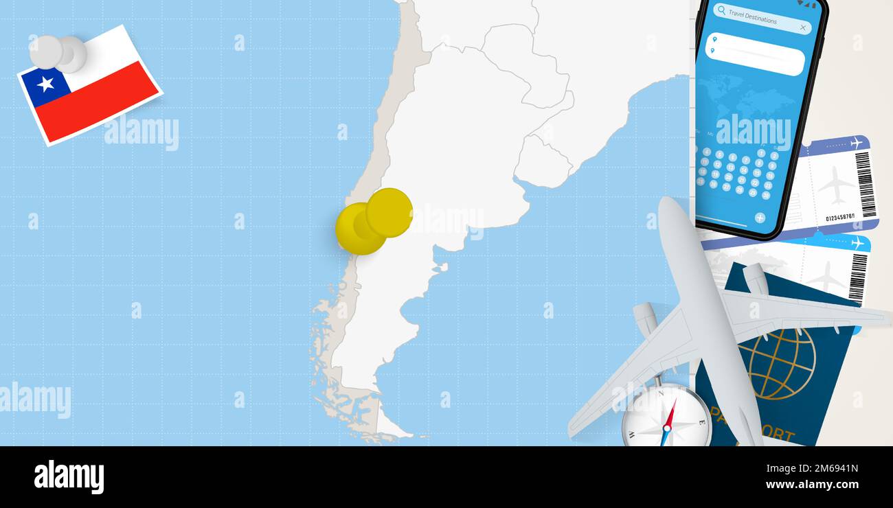 Concetto di viaggio in Cile, mappa con pin sulla mappa del Cile. Mappa di preparazione delle vacanze, bandiera, passaporto e biglietti. Illustrazione vettoriale in piano. Illustrazione Vettoriale
