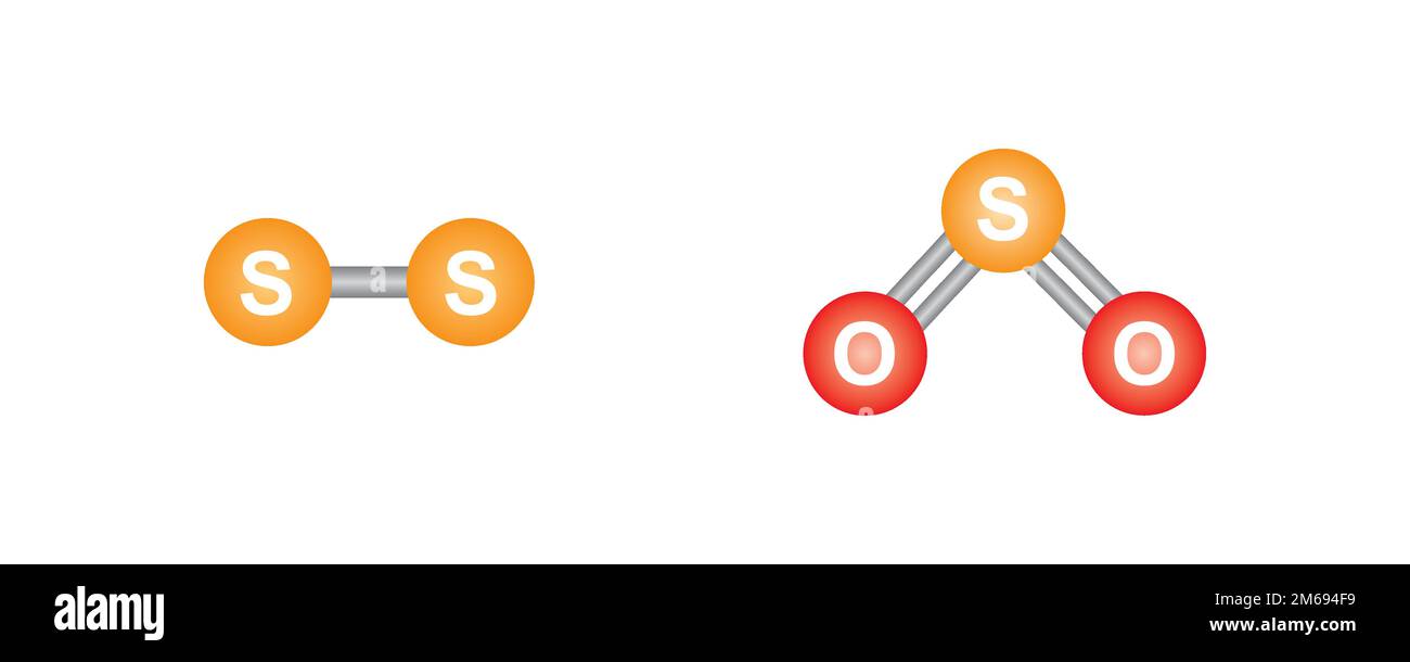 Disolfuro e anidride solforosa modello molecolare di atomo. Illustrazione vettoriale. Illustrazione Vettoriale