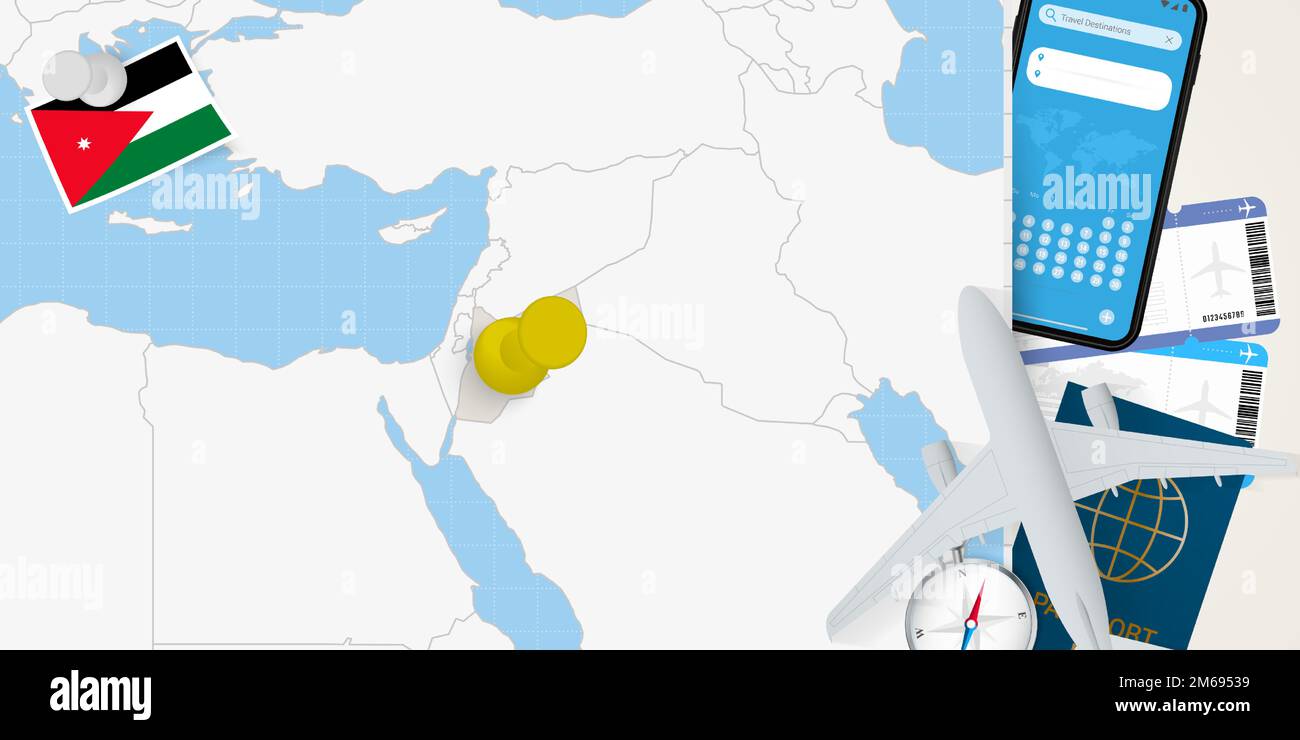 Concetto di viaggio in Giordania, mappa con pin sulla mappa della Giordania. Mappa di preparazione delle vacanze, bandiera, passaporto e biglietti. Illustrazione vettoriale in piano. Illustrazione Vettoriale