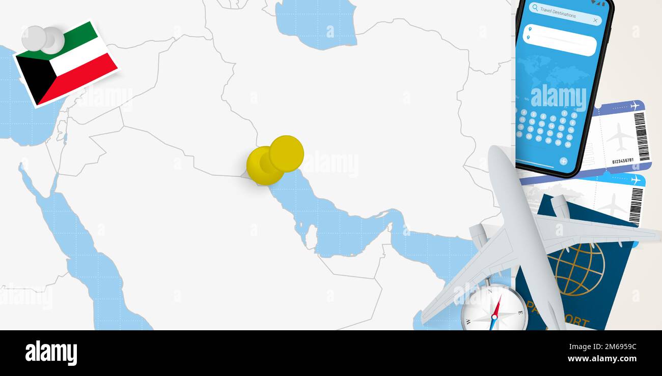 Viaggio a Kuwait concetto, mappa con pin sulla mappa di Kuwait. Mappa di preparazione delle vacanze, bandiera, passaporto e biglietti. Illustrazione vettoriale in piano. Illustrazione Vettoriale