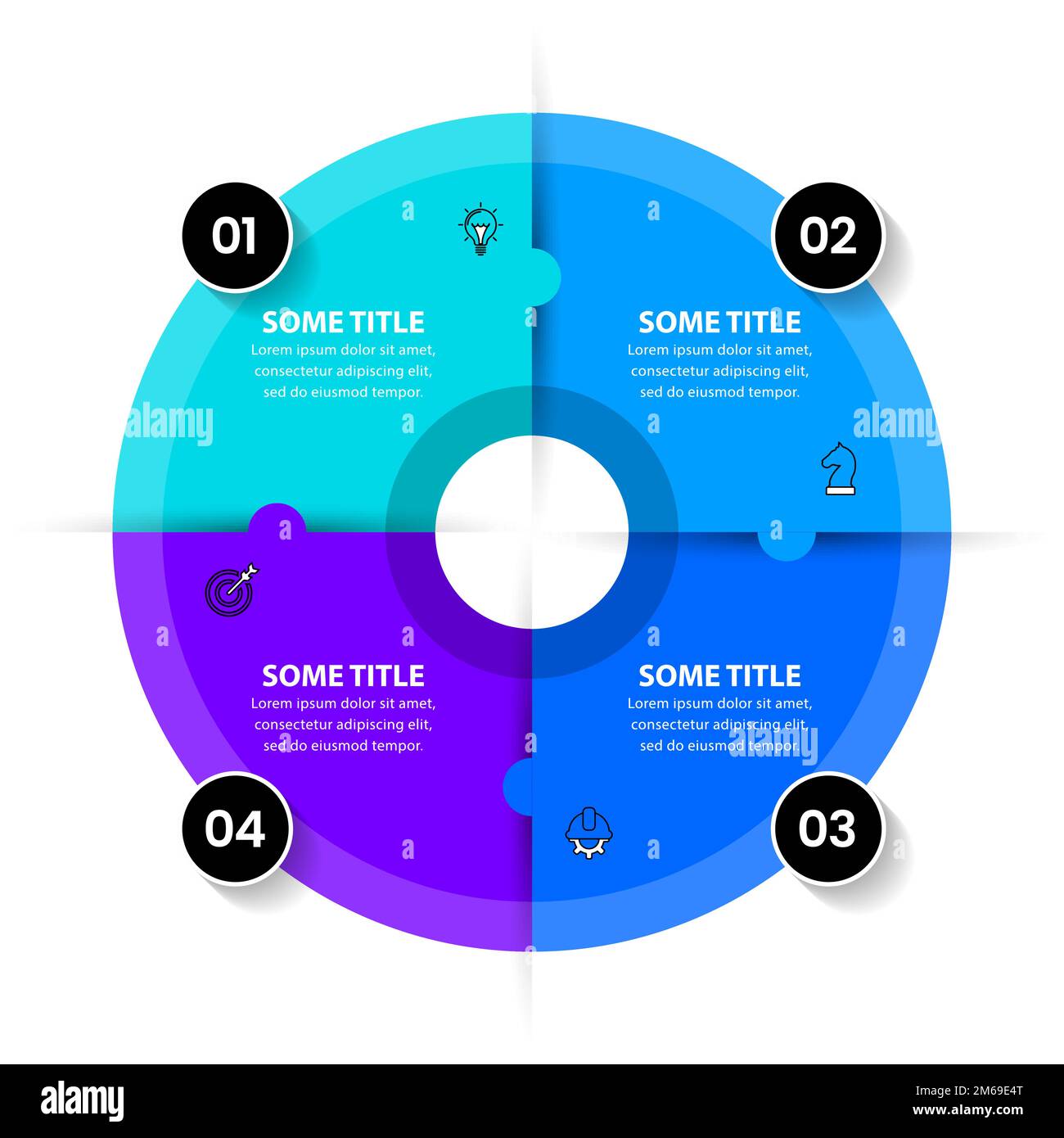 Modello infografico con icone e 4 opzioni o passaggi. Cerchio. Può essere utilizzato per il layout del flusso di lavoro, il diagramma, il banner, il webdesign. Illustrazione vettoriale Illustrazione Vettoriale