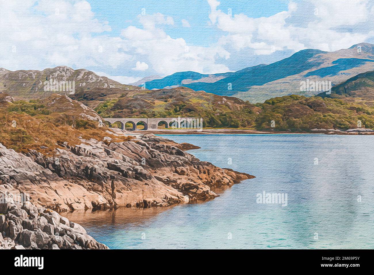 Acquerello su tela. Illustrazione del viaggio. Scozia, Gran Bretagna, Europa. Paesaggio montano . Foto Stock