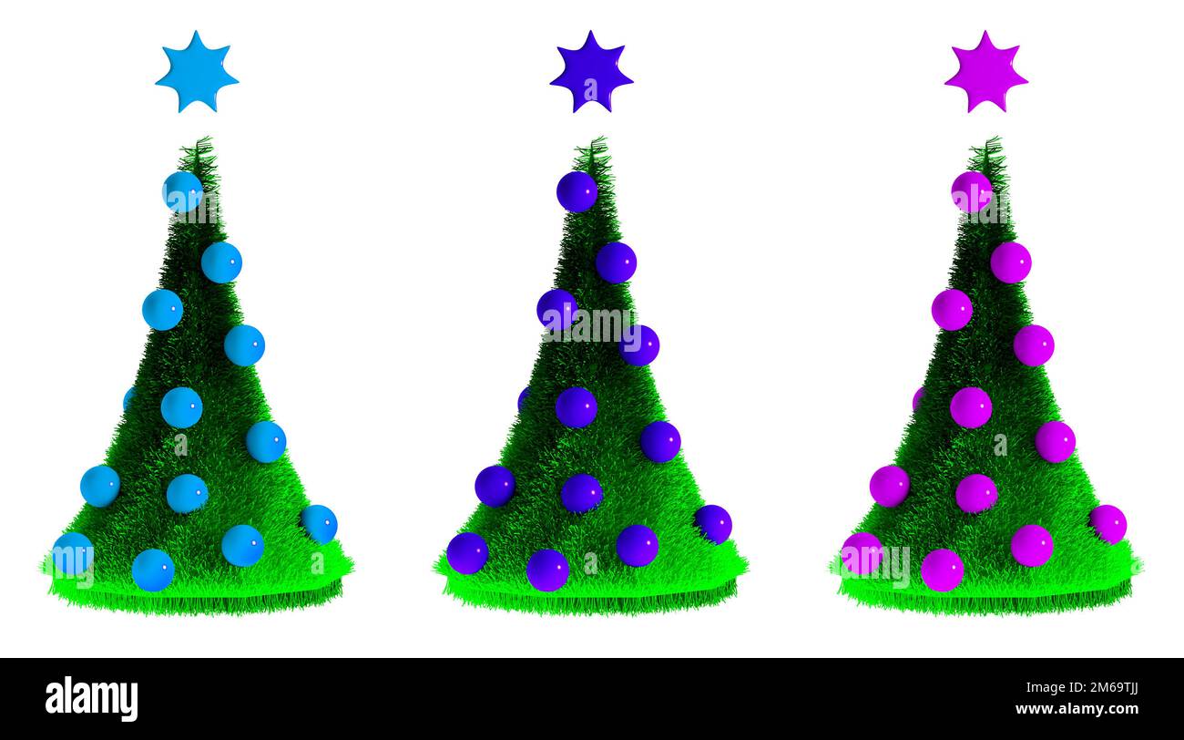 Splendidi alberi di pelliccia di Capodanno con sfere multicolore Foto Stock