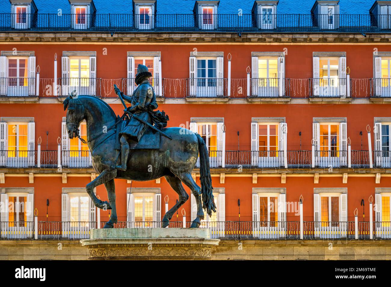 Statua equestre di Filippo III Re di Spagna, Plaza Mayor, Madrid, Comunità di Madrid, Spagna Foto Stock