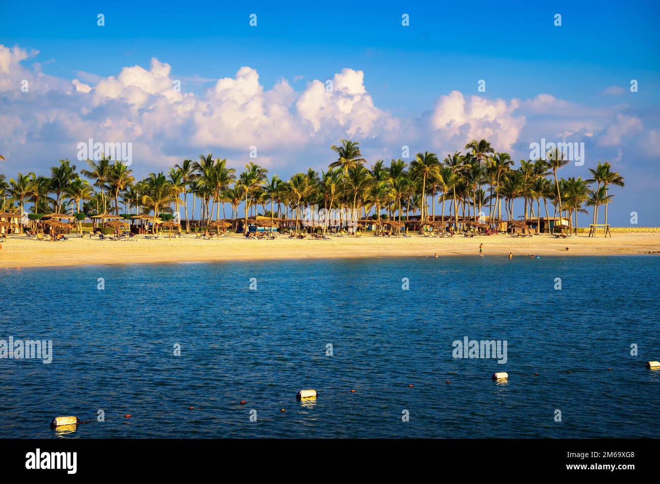 Spiaggia soleggiata con palme, ombrelloni e turisti a Salalah, Oman Foto Stock