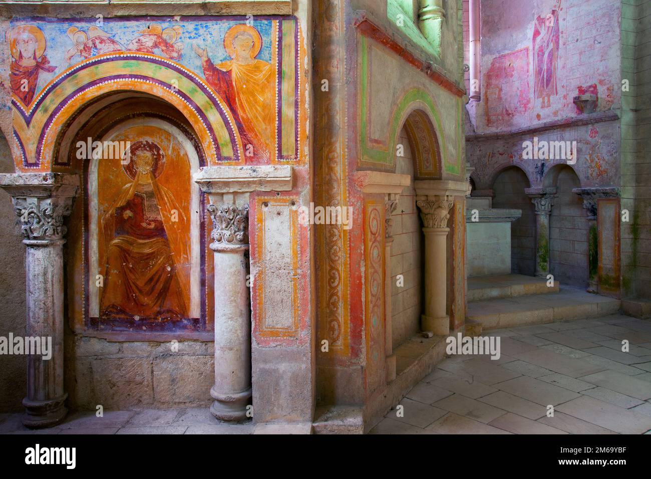 Fresken in der Abbaye de Saint Savin, Poitou Charentes, Francia Foto Stock