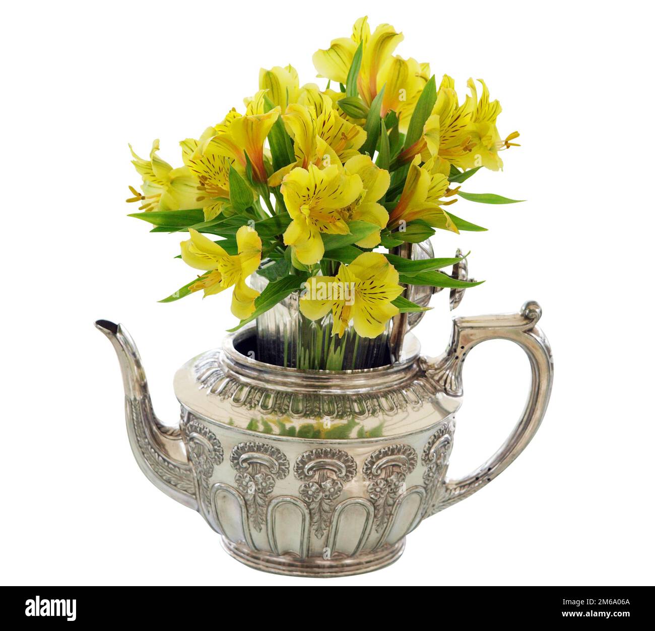 Teiera d'argento con mazzo di fiori gialli Foto Stock