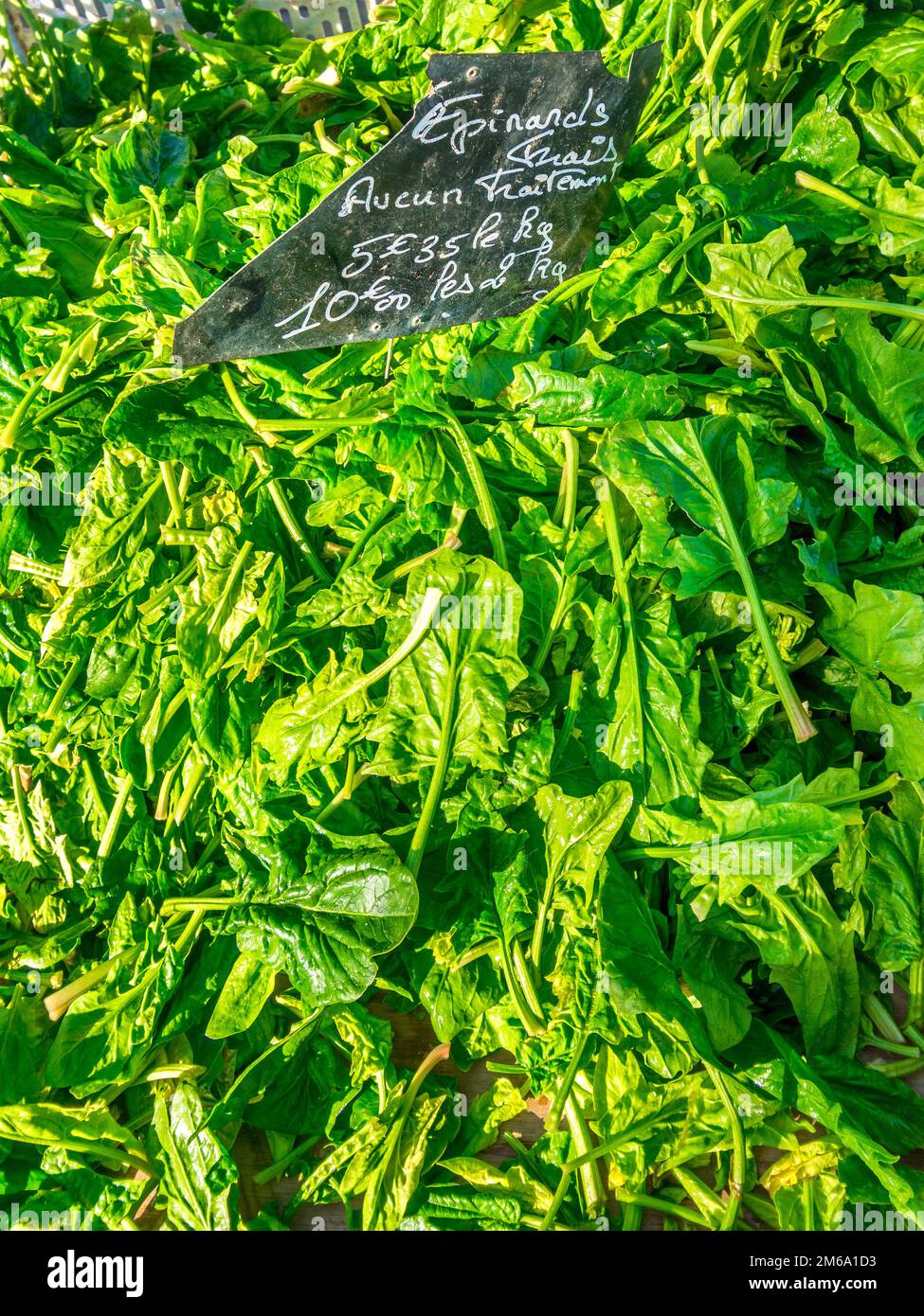 Spinaci freschi non trattati / biologici in stallo mercato francese - la Roche Posay, Vienne (86), Francia. Foto Stock