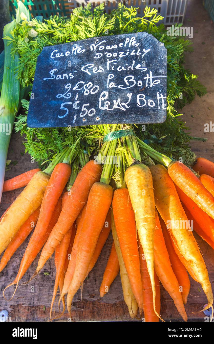 Mazzo di carote fresche, biologiche e prive di pesticidi, in bancarella del mercato francese - la Roche Posay, Vienne (86), Francia. Foto Stock