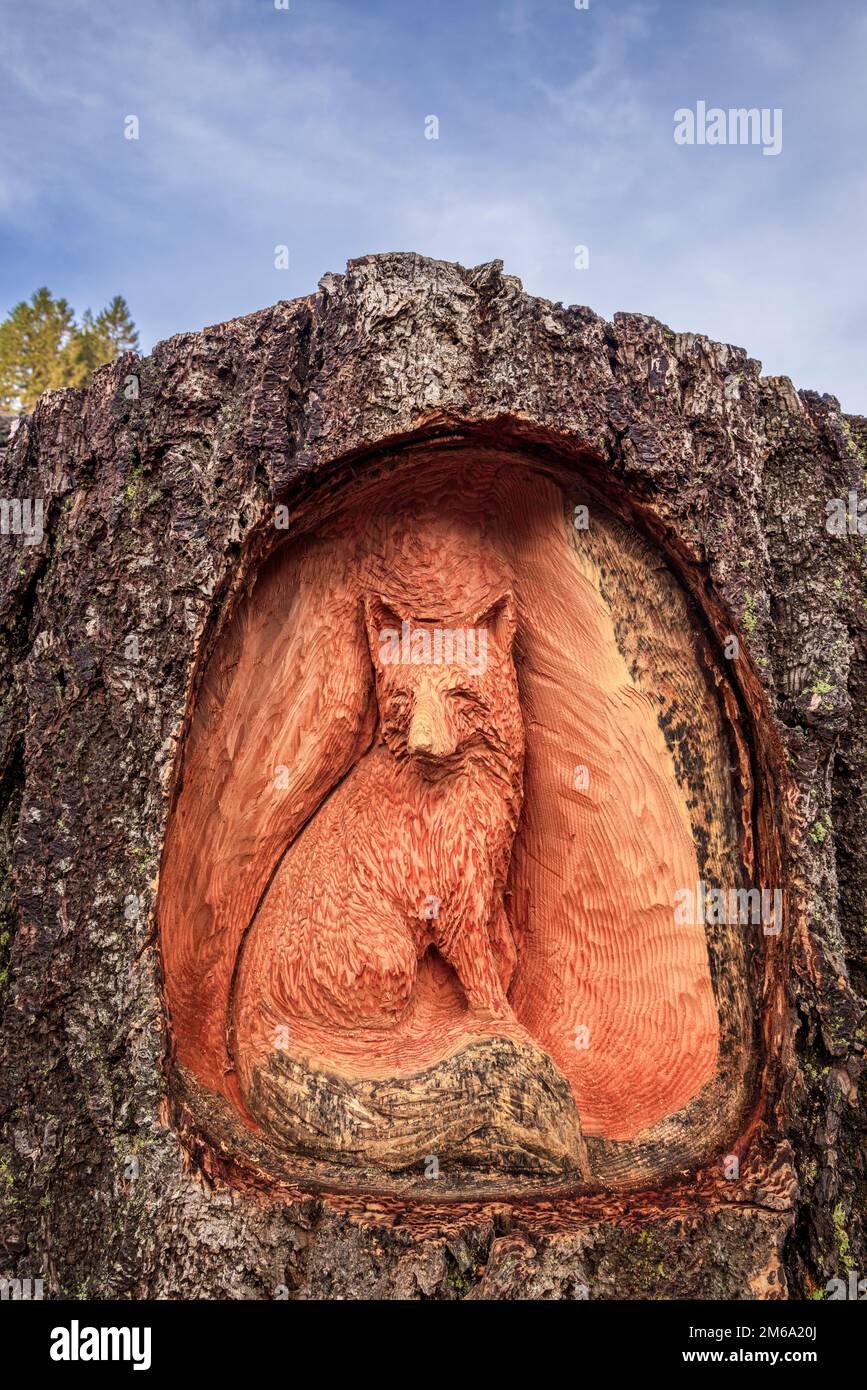 Una scultura di Fox sull'Elan Valley Sculpture Trail, Powys, Galles Foto Stock