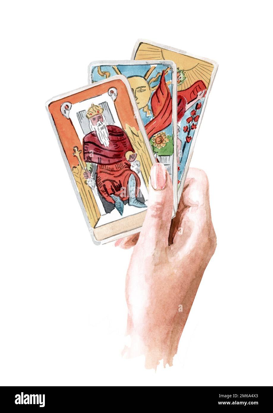 Lettore di tarocchi o cassiere di fortuna, mano che tiene le carte tarocchi . Illustrazione di acquerello disegnata a mano isolata su sfondo bianco Foto Stock
