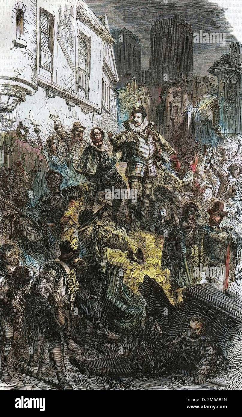 huitième guerre de Religion - Journee des barricades, le 12 mai 1588 dans le quartier latin de Paris. Le peuple catholique se soulève contre Henri III et le chasse de la ville. Foto Stock