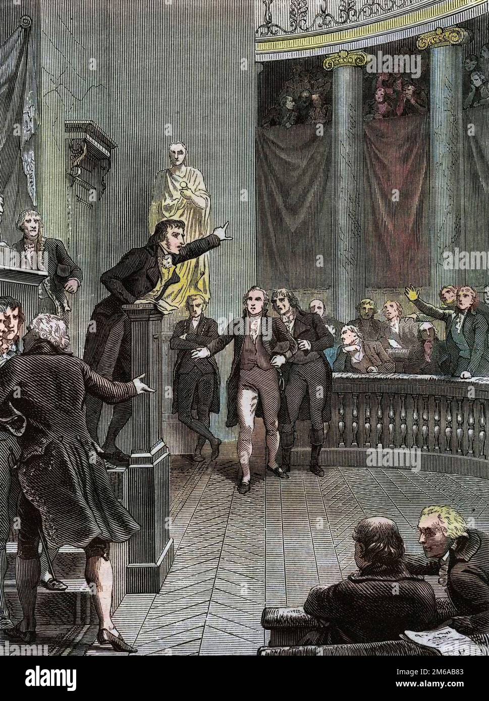 Seance du Tribunat : Discours de Benjamin Constant (1767-1830) a la tribune denoncant le regate mis en place par Napoleon, janvier 1800 - gravure de 1865 in 'Histoire du Consulat et de l'Empire' par Louis Adolphe Thiers - politico francese Benjamin Constant (1767-1830) pronunciandosi al Tribunat denunciando il regime istituito da Bonaparte, gennaio 1800 Foto Stock