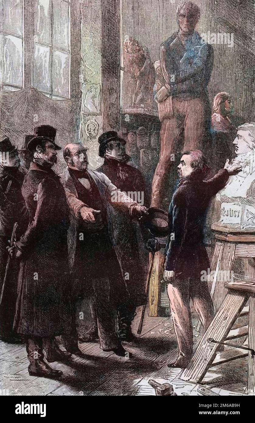 Arrestation de Pierre-Jean David dit Pierre Jean David d'Angers (1788-1856) dans son atelier de la rue d'Assas apres le coup d'etat du 2 dicembre 1851 - putsch il 2 dicembre 1851 - gravure in 'Histoire d'un Crime' (la storia di un crimine) - de Victor Hugo - Foto Stock