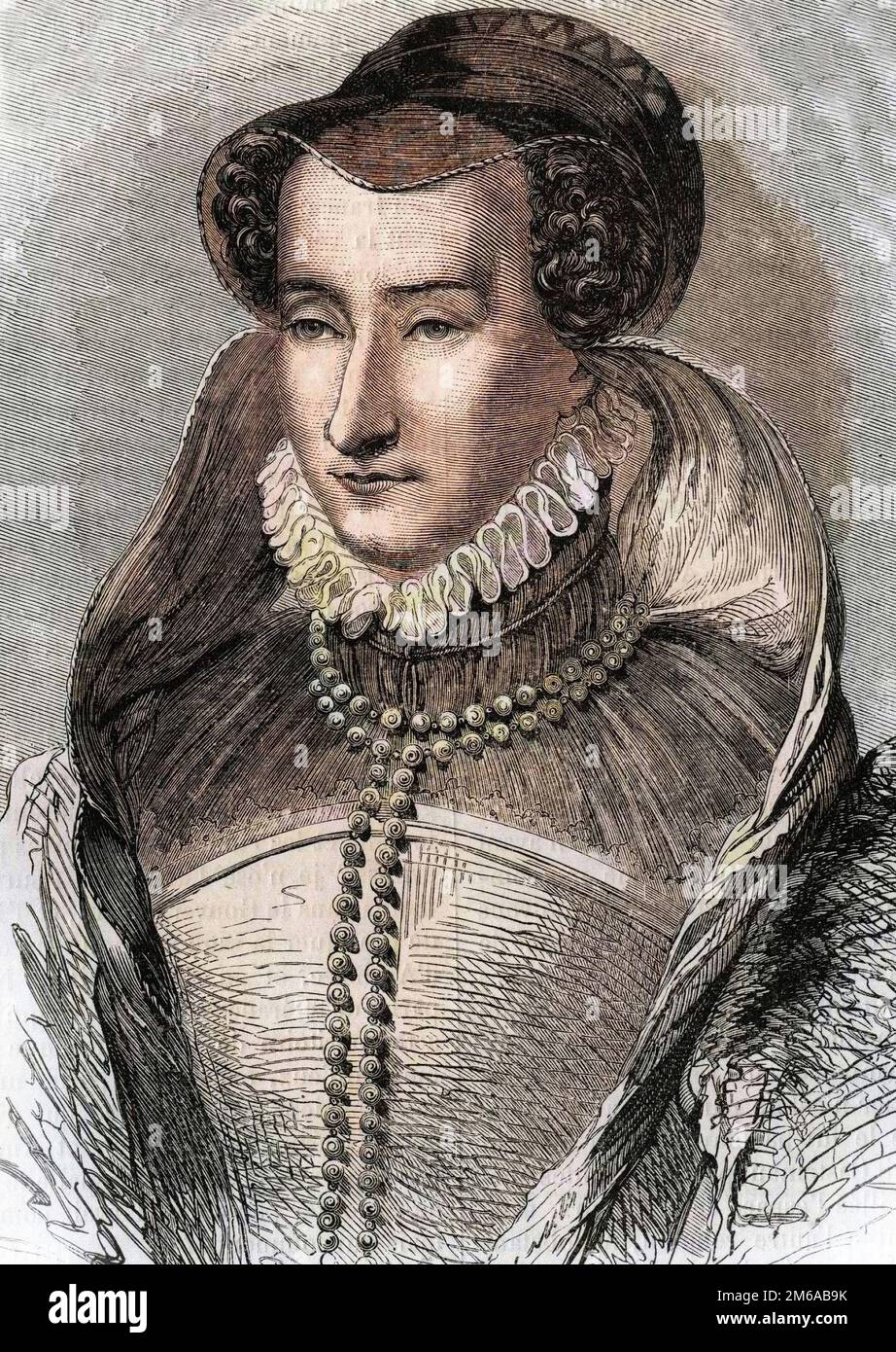 Portrait de Jeanne III d'Albret (1528 1572), Mere du roi Henri IV et epouse d'Antoine de Bourbon (1528-1572). In "Histoire Populaire de la France", vers 1885. Gravure. Foto Stock