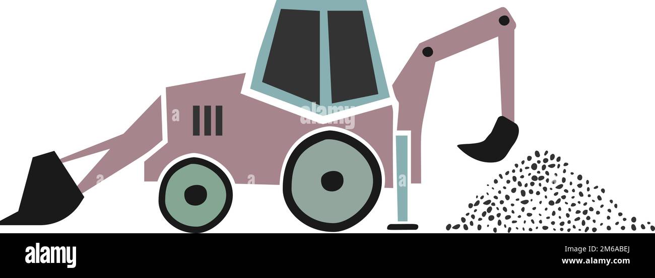 macchina da costruzione stile scandi illustrazione vettoriale per bambini, pala gommata isolata su sfondo bianco Illustrazione Vettoriale