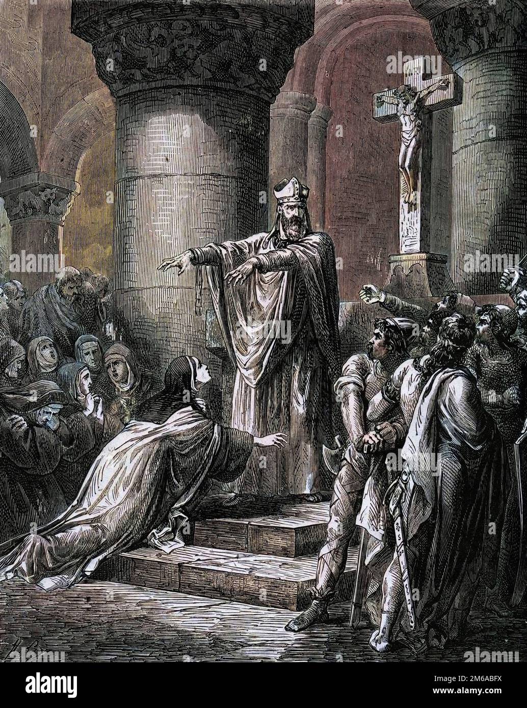 Saint Medard de Noyon (mort en 560) offrant les habits religieux a Sainte Radegonde (vers 520-587) epouse du roi Clothaire.gravure in 'Histoire De France en cent Tableaux de Paul Lehugeur' 1891 Foto Stock