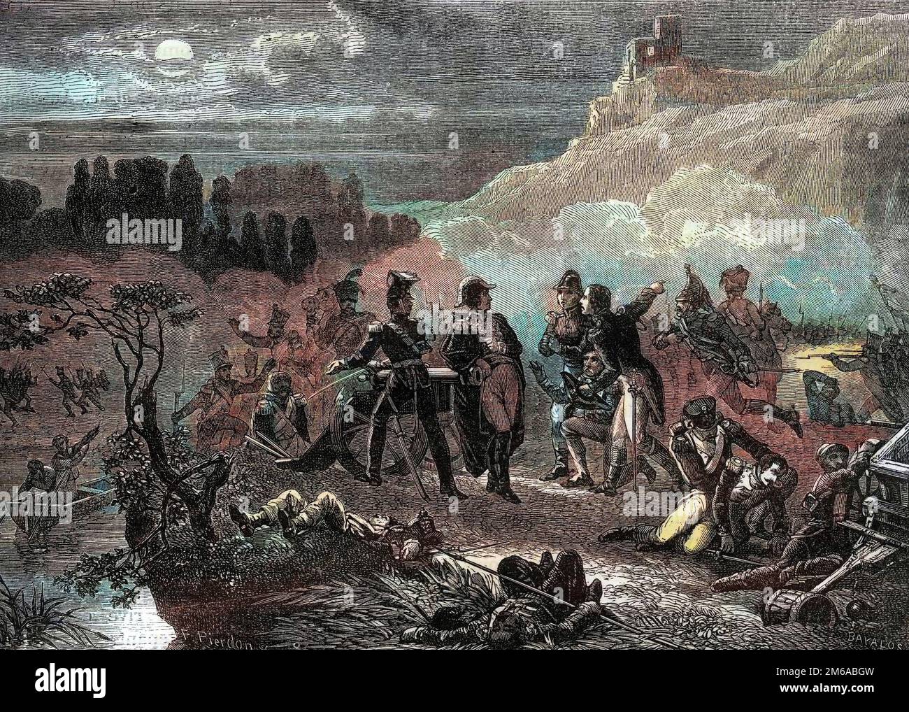 Guerra della terza coalizione 1805, Battaglia di Duernstein, 11. 11. 1805, Maresciallo Edouard Mortier (1768-1835) ascolta le relazioni dei suoi ufficiali - Bataille de Durensteinn (Durrenstein ou Bataille de Durnstein) 'Histoire de l'Empire faisant suite a l'histoire du consulat' par Adolphe Thiers -1879 - collection privee Foto Stock