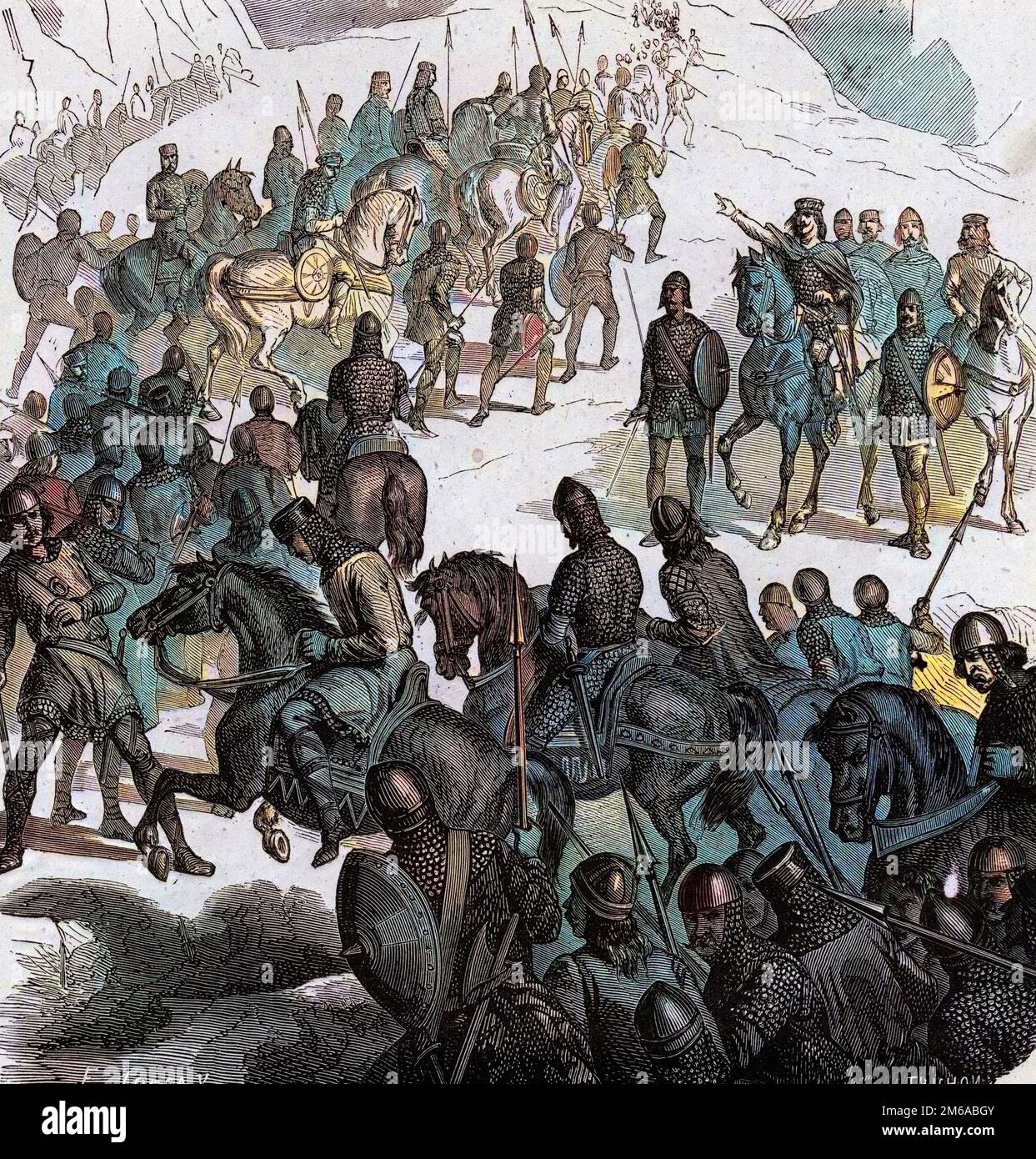 Pepin le BREF traversant les Alpes a la tete des Francs pour aller secourir le pape contre les Lombards.gravure in 'Histoire De France en Cent Tableaux de Paul Lehugeur' 1891 Foto Stock