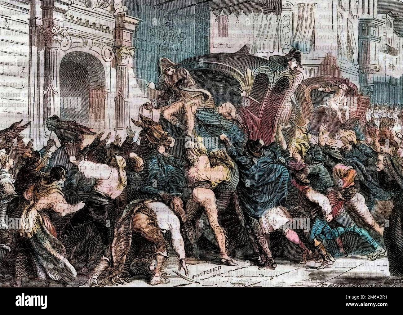 Partenza del re Ferdinando VII per Bayonne 1808 (Abdicazioni di Bayonne) - partenza pour l'Entrevue de Bayonne (1808) - le peuple a Vittoria en Espagne veut empecher le partenza de Ferdinand VII pour Bayonne -1879 Foto Stock