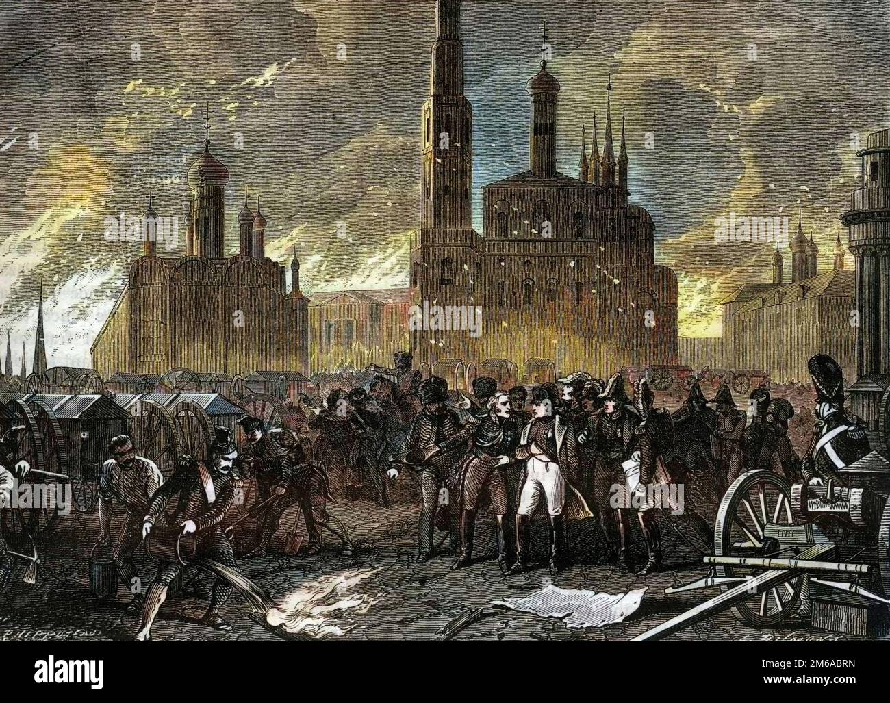 Campagna Russia 1812 - il generale Jean Ambroise Baston de Lariboisiere esorta Napoleone a lasciare il Cremlino a causa di un pericolo di esplosione - Incendie de Moscou en 1812 - le General Lariboisiere forza Napoleone a quitter le Cremlino, Menace d'une formidabile esplosione - in 'Histoire de l'Empire faisant suite a l'histoire du consulat' par Adolphe Thiers -1879 - Collection privee Foto Stock