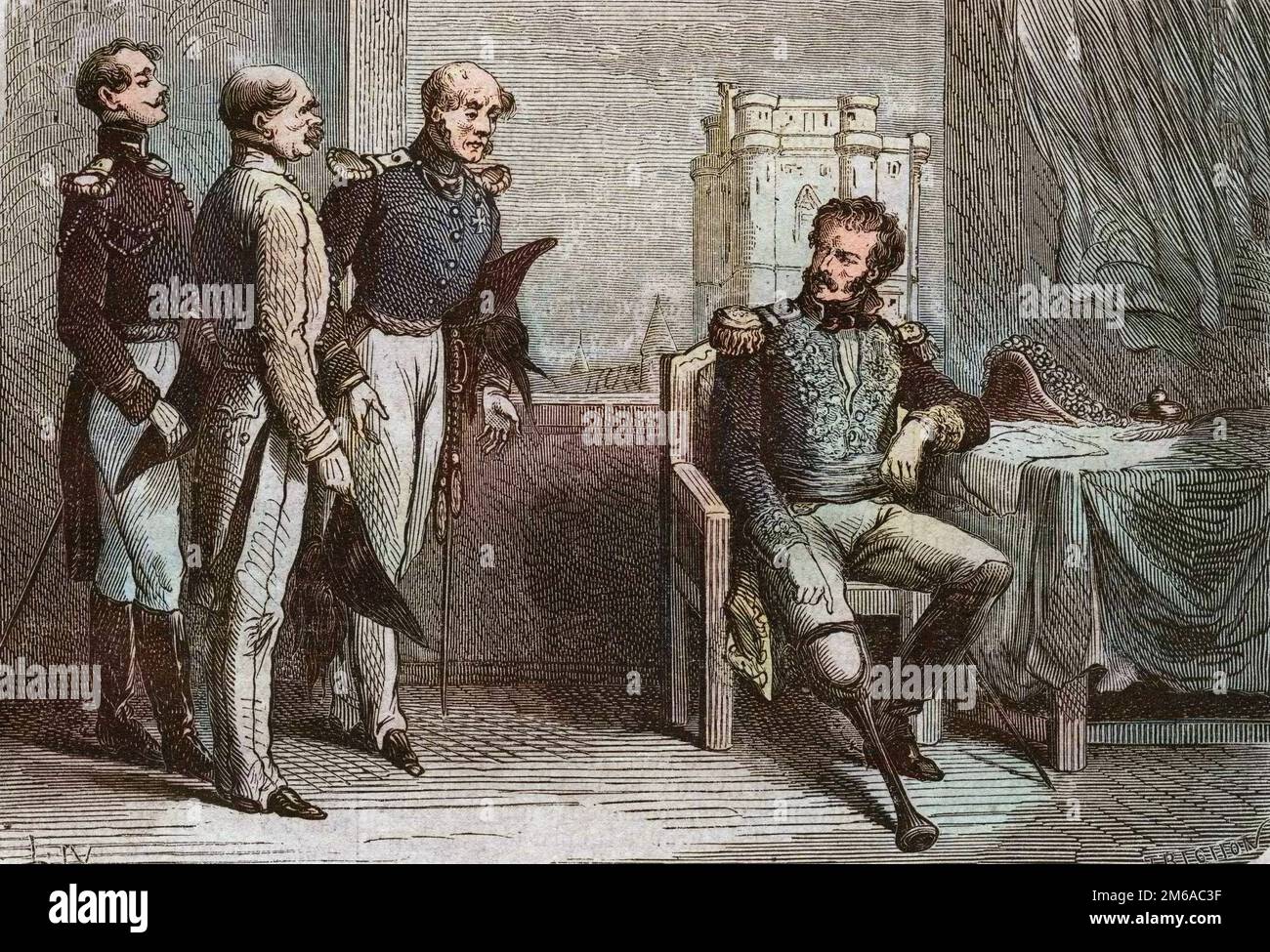 Pierre Yrieix Daumesnil - generale Daumesnil rifiuto di cedere il Chateau de Vincennes, Francia, 1814 - Daumesnil a Vincennes (Mars 1814 - Pierre Daumesnil (1776-1832)refuse de ceder le Fort de Vincennes a la Coalition) gravure de 1864 Foto Stock