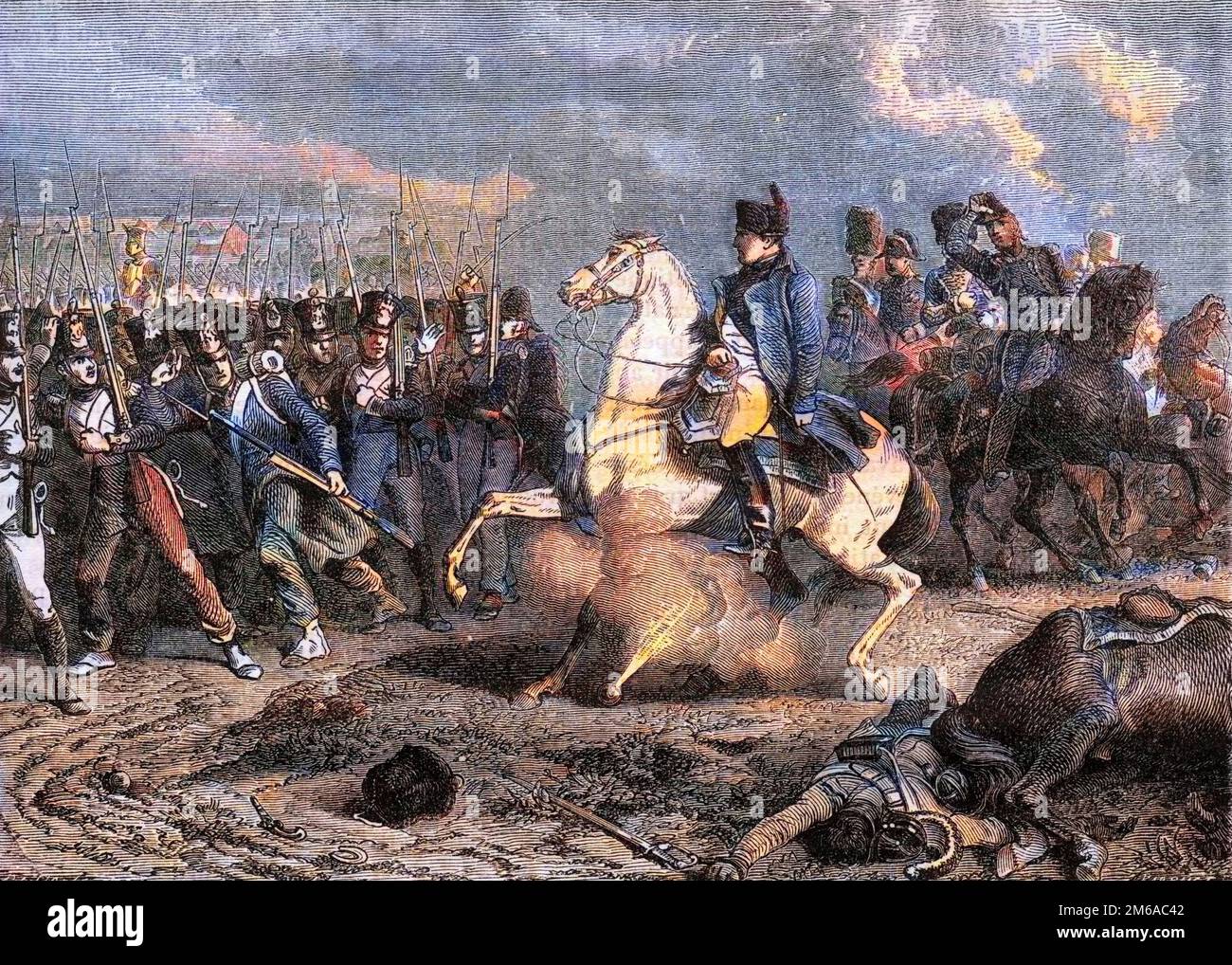 Battaglia di Arcis-sur-Aube, 20-21/3/1814 - esplode sotto il cavallo dell'imperatore Napoleone - Bataille d'Arcis-sur-Aube (Arcis sur Aube) les 20 et 21 Mars 1814 , Napoleon poussant son cheval sur un obus - 'in 'Histoire de l'Empire faisant suite a l'histoire du consulat' par Adolphe Thiers - 1879 - collection privee Foto Stock