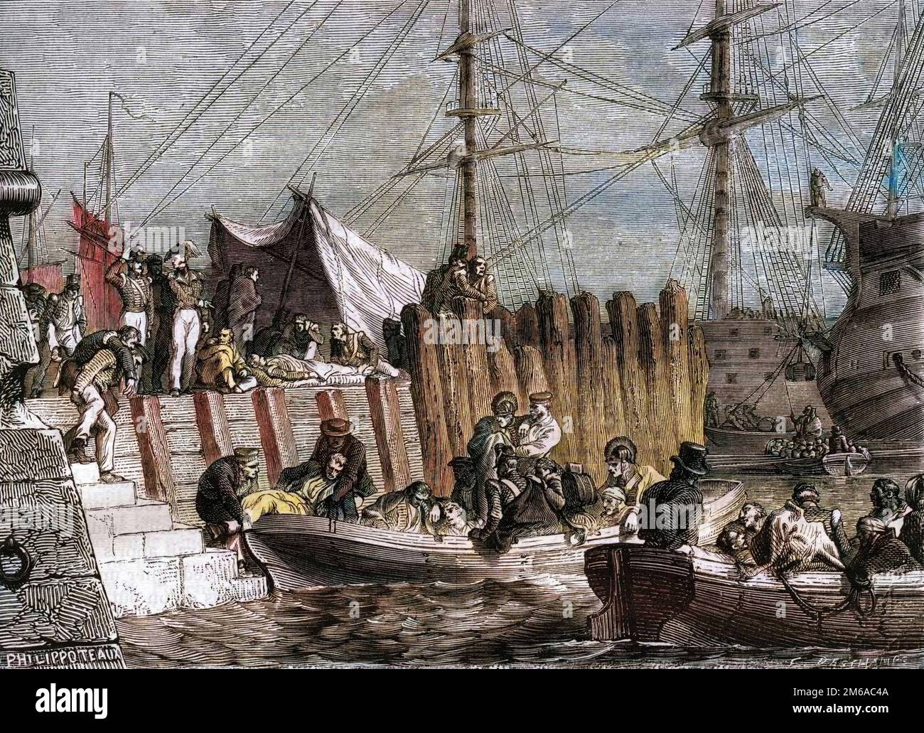 Guerre napoleoniche - l'esercito inglese lascia l'isola di Walcheren 1809 - Les Anglais abandonnent l'ile de Walcheren au Pays-Bas en 1809 - gravure de 1879 Foto Stock