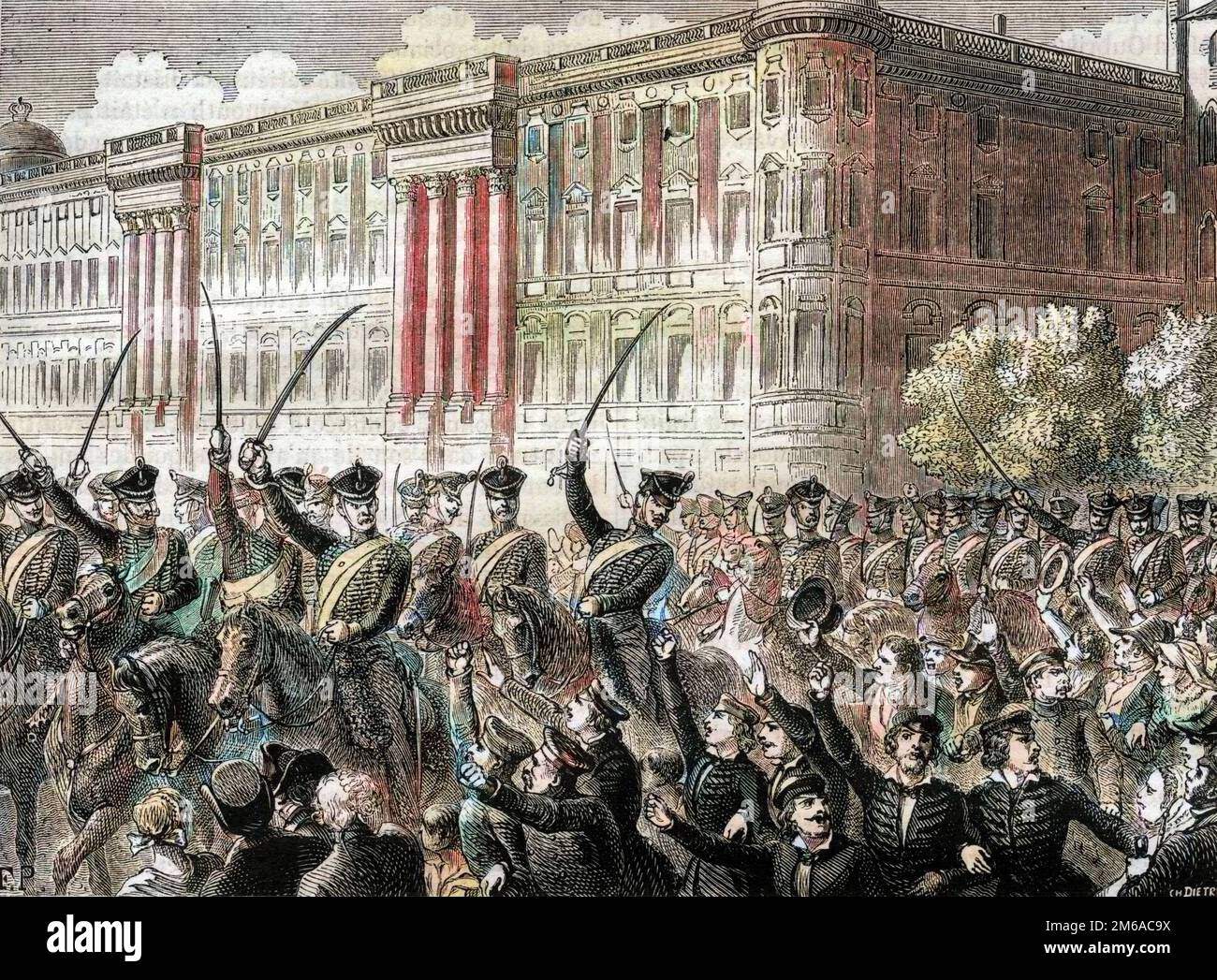 Eventi Guerra della Quarta Coalizione 1806 - 1807 entusiasmo bellico a Berlino - Quatrieme Coalition - Grande agitazione a Berlino - Cris de guerre pousses contre la France - in 'Histoire de l'Empire faisant suite a l'histoire du consulat' par Adolphe Thiers -1879 - collection privee Foto Stock