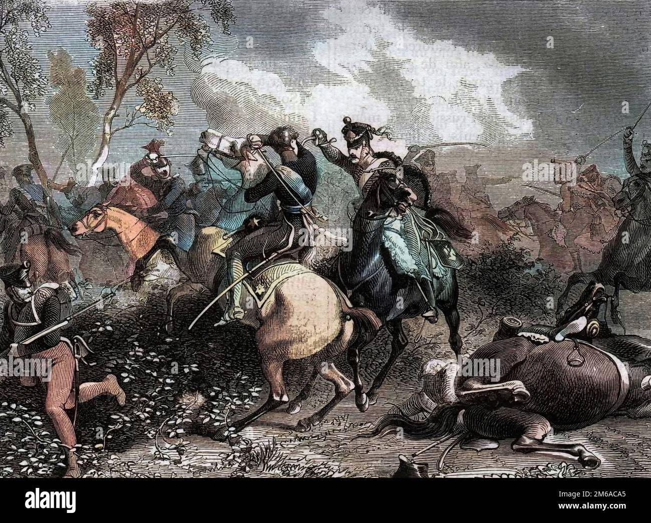 Guerre de la Quatrième Coalition - Guerra della Forth Coalition 1806 - 1807 - il principe Luigi Ferdinando di Prussia ferito mortalmente durante il combattimento con l'invasione della cavalleria francese nella battaglia di Saalfeld durante le Guerre Napoleoniche, 10 ottobre 1806 da 'Histoire de l'Empire faisant suite a l'histoire du consulat' di Adolphe Thiers -1879 - collezione privee Foto Stock