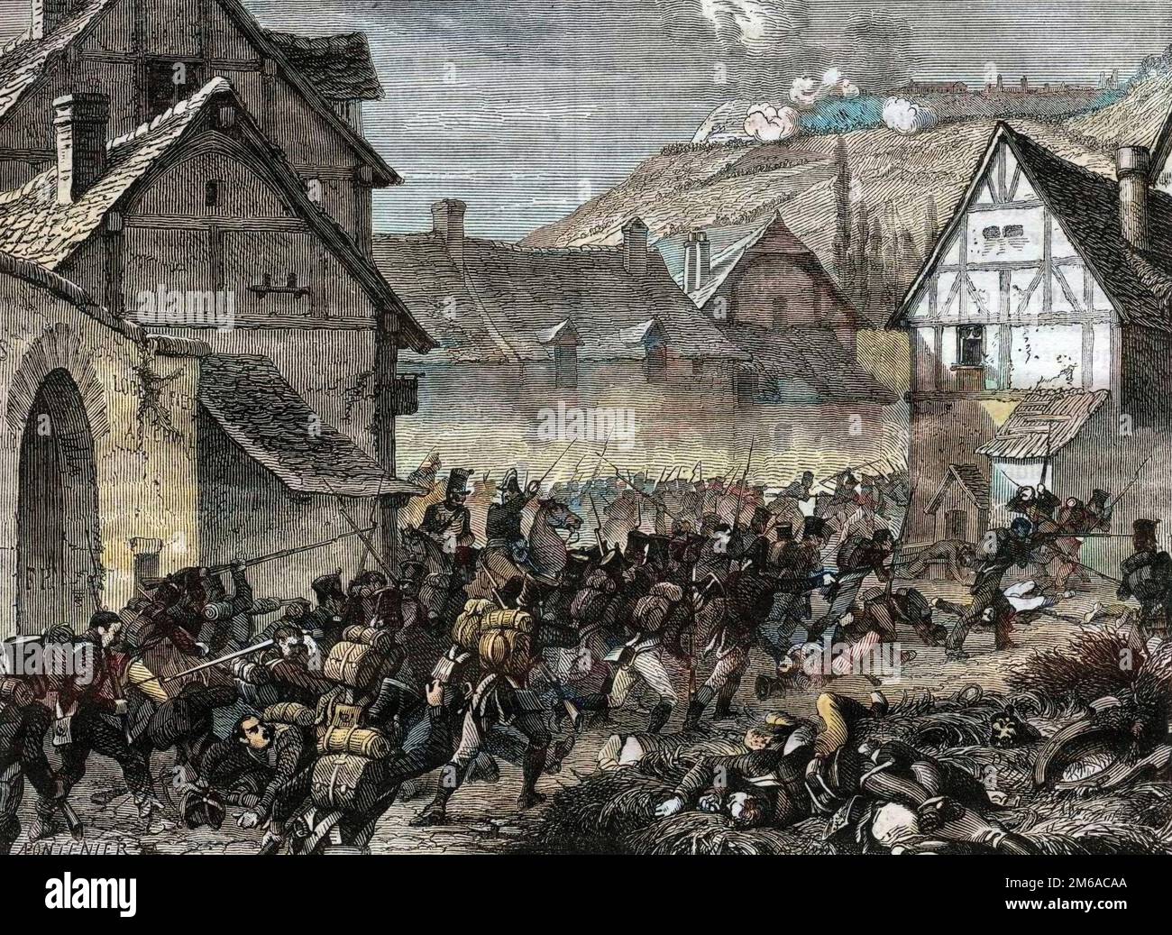 Battaglia di Laon, 9-19 marzo 1814 (vittoria alleata sotto Blucher su Napoleone i) - Bataille de Laon, le marechal Ney, a la tete d'une Division, s'empare du faubourg de Semilly -1879 Foto Stock