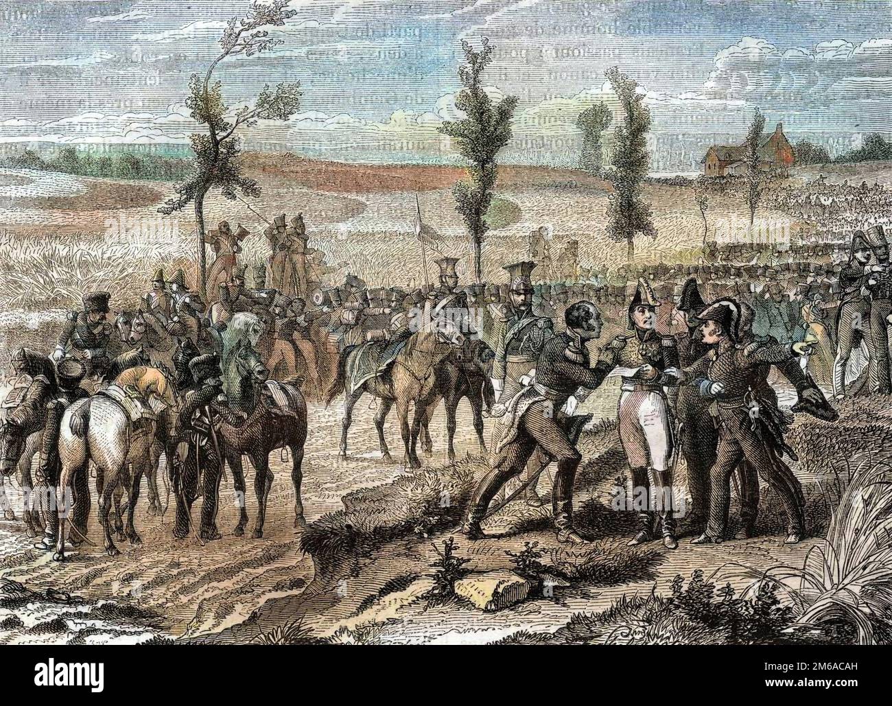 Guerra della settima Coalizione, 1815 - Battaglia di Waterloo 18-6-1815 - maresciallo francese Emmanuel de Grouchy marciando a Wavre- erreur fatale de Grouchy qui persiste a se diriger sur Wavre malgre les instances de ses lieutenants -1879 Foto Stock