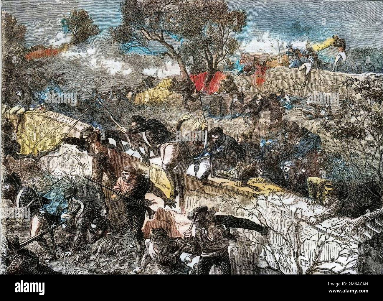 Guerre napoleoniche - Campagna spagnola 1808 - Battaglia di Espinosa de los Monteros, 10th-11th Novembre 1808 - Regis Barthelemy Mouton Duvernet (Mouton-Duvernet, 1769-1816), generale francais refoulant les Espagnols au Combat d'Espinosa, 10-11 novembre 1808 -1879 Foto Stock