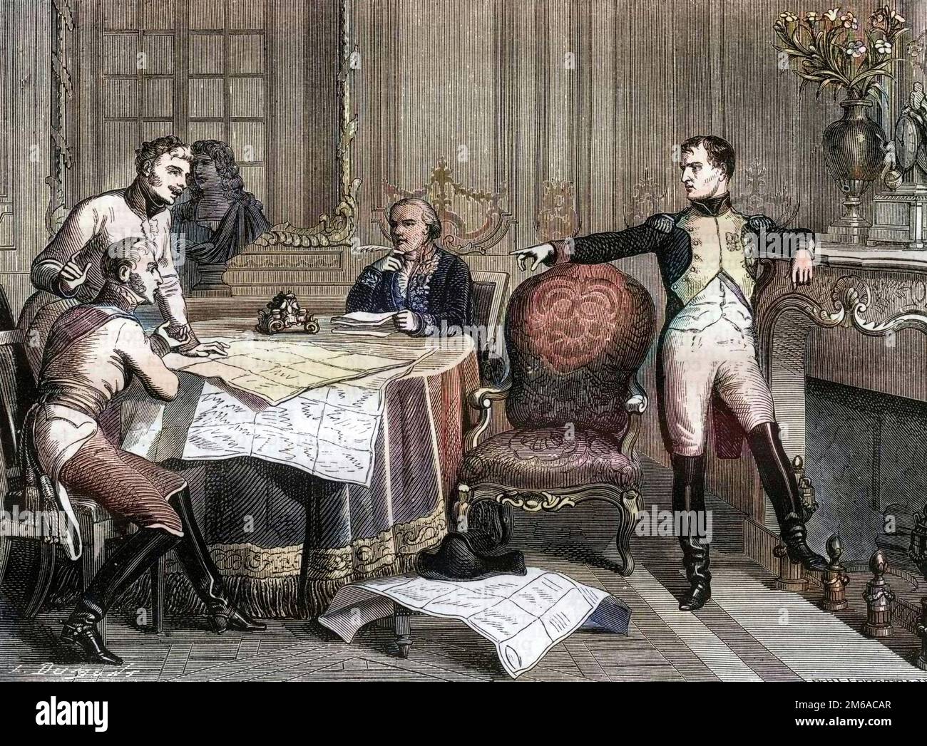 Guerre de la cinquième coalizione - Guerra della Quinta coalizione 1809 - Trattato di Schonbrunn, 14th ottobre 1809, Imperatore Napoleone i di Francia che dettano la pace - Conference de Schonbrunn pour fixer les bases du traite de paix entre la France et l'Autriche - Napoleone avec Jean Ier de Liechtenstein (Johann i Joseph, Principe del Liechtenstein) et M. de Bubna - gravure de 1879 Foto Stock