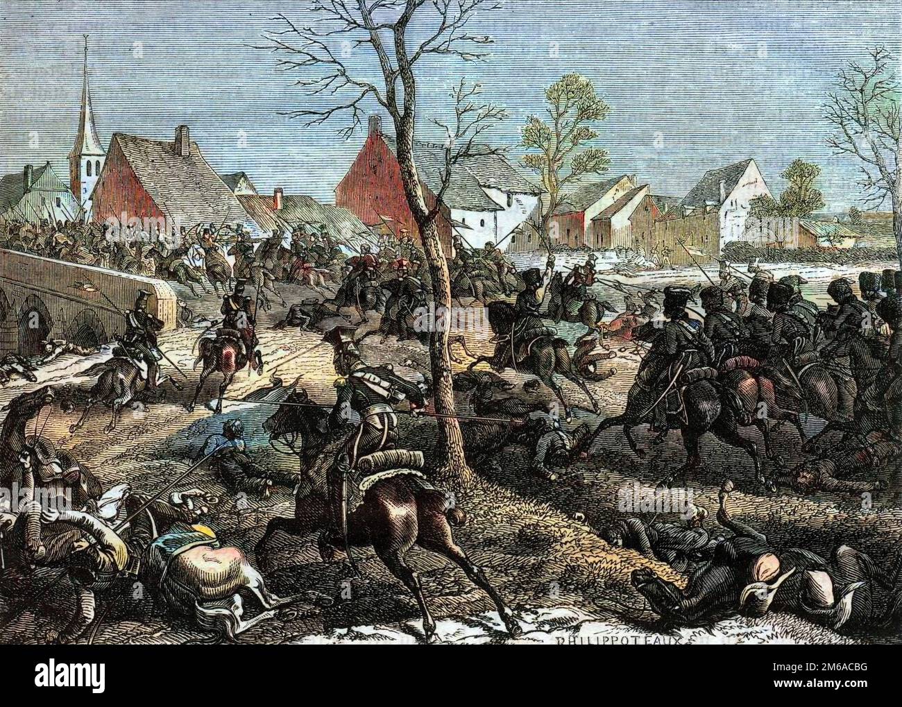 Campagna nel nord-est della Francia (1814) - truppe francesi e polacche conquistano il Ponte di Berryau-Bac (Aisne), 1814 marzo - Campagne de France (1814) - le General Nansouty, avec la cavalerie de la garde et les Polonais du General PAC, enleve le pont de Berryau Bac -1879 Foto Stock