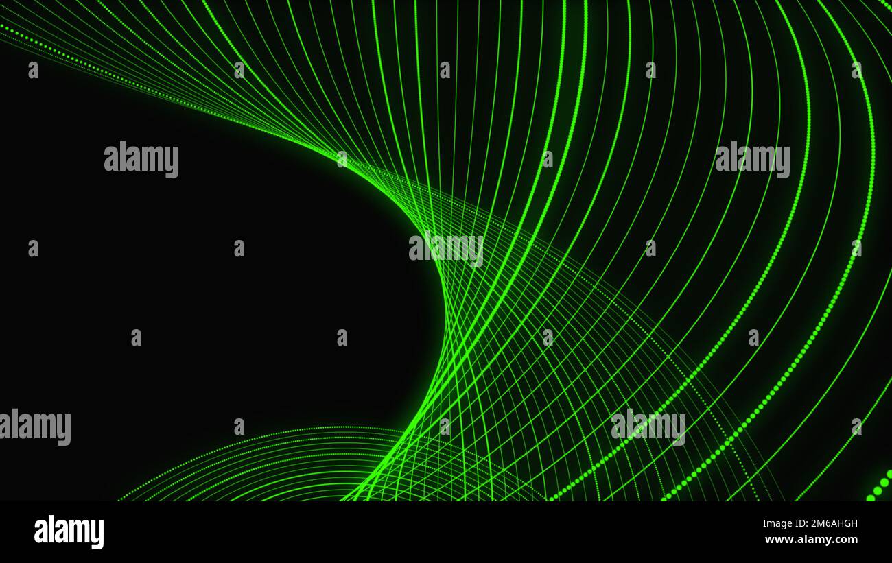 Onda di connessione dati con torsione verde. Background astratto del flusso tecnologico. Onda dinamica digitale di punti. Struttura di connessione di rete. Rendering 3D. Foto Stock