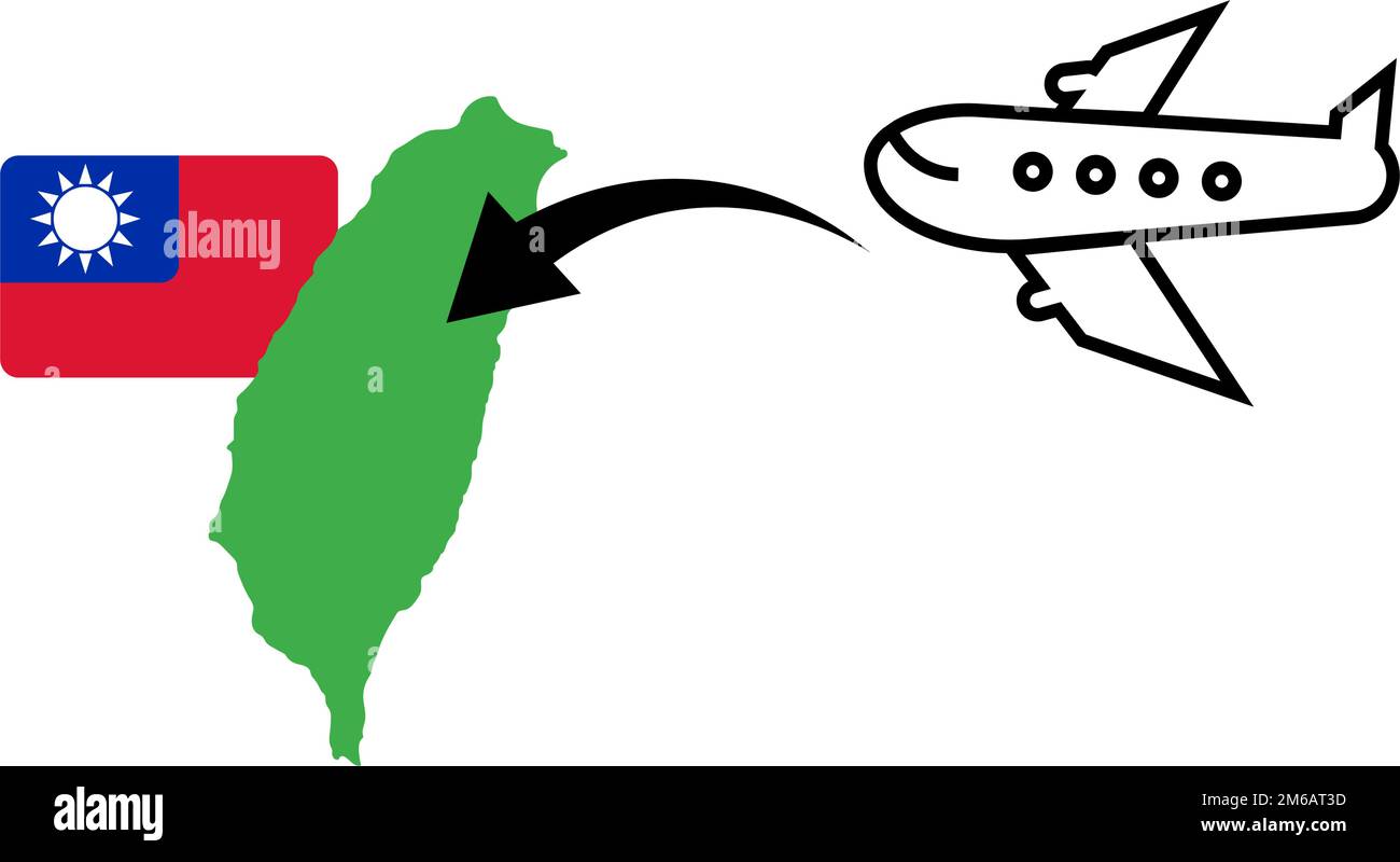 Atterraggio in aereo a Taiwan. Viaggio a Taiwan. Mappa di Taiwan. Vettore modificabile. Illustrazione Vettoriale