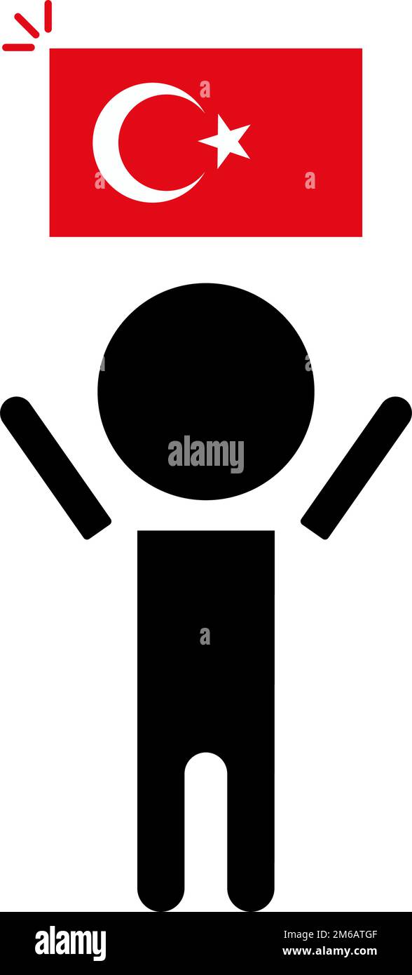 Silhouette Patriot Turco. Silhouette icona della bandiera turca e della gente. Vettore modificabile. Illustrazione Vettoriale