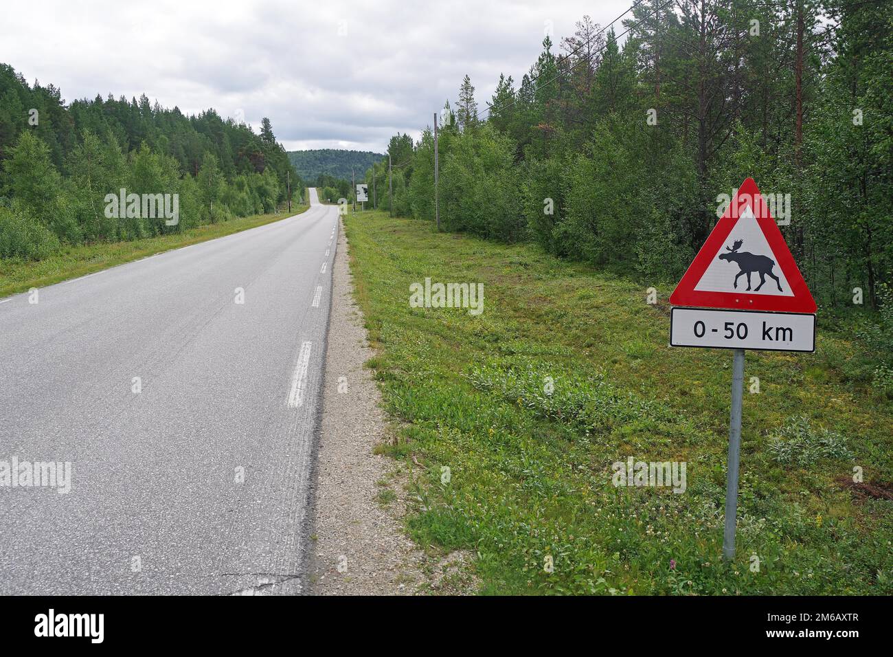 Segnale di avvertimento di alci su una strada senza traffico, Karasjok, Lapponia, Norvegia Foto Stock